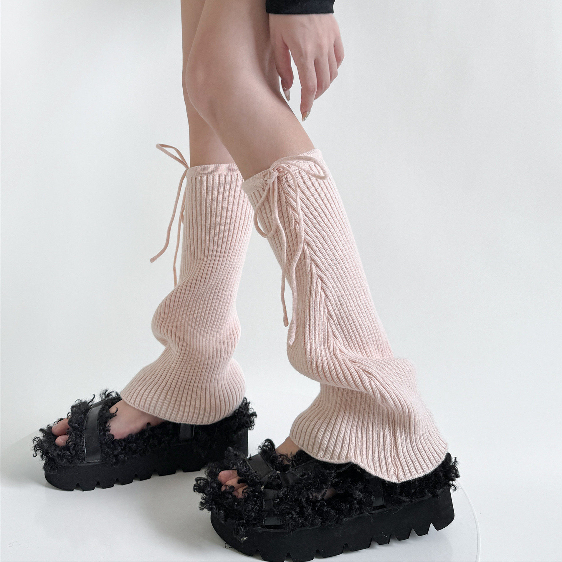 少女粉色绑带阔腿袜套抽绳条纹