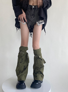 小众工装军绿色阔腿袜套绑带扣子Y2K甜酷辣妹朋克机车十字架腿套