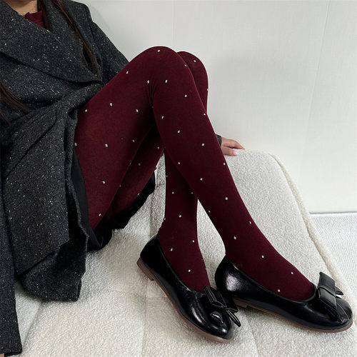 棉质波点连裤袜安可拉红提花圆点