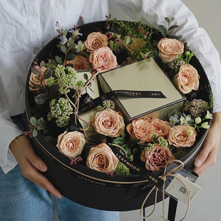 圆形插花玫瑰永生花束水果鲜花礼盒空盒手提花盒送女友生日礼物盒