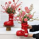 圣诞节装 饰品圣诞老人红色靴子创意陶瓷花瓶摆件商场酒店布置道具