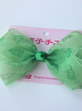 颖子手工发饰 进口儿童绿色胡萝卜印花雪纱10CM大蝴蝶结边夹552L