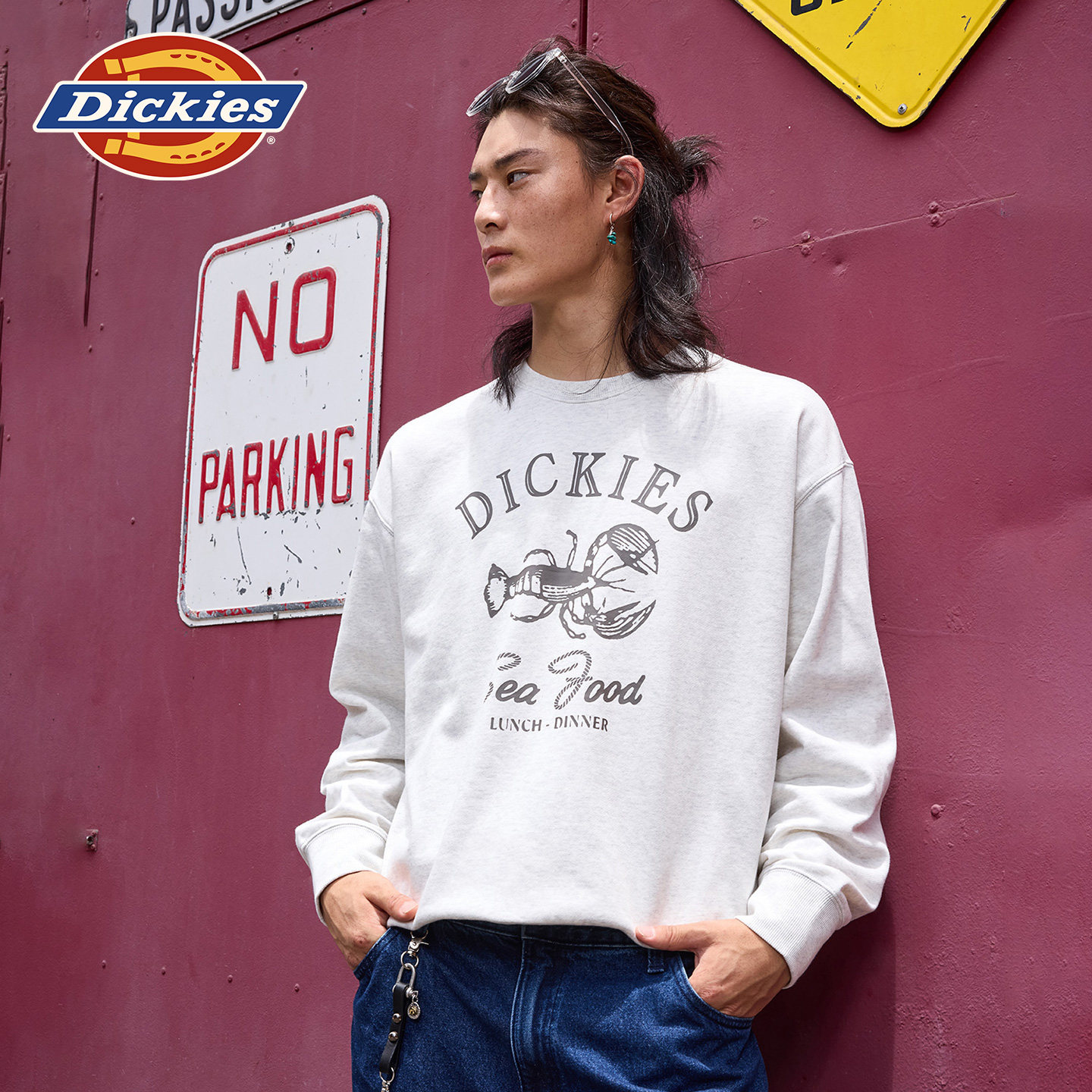 Dickies帝酷适26春秋新款龙虾复古图案印花宽松毛圈内里圆领卫衣J