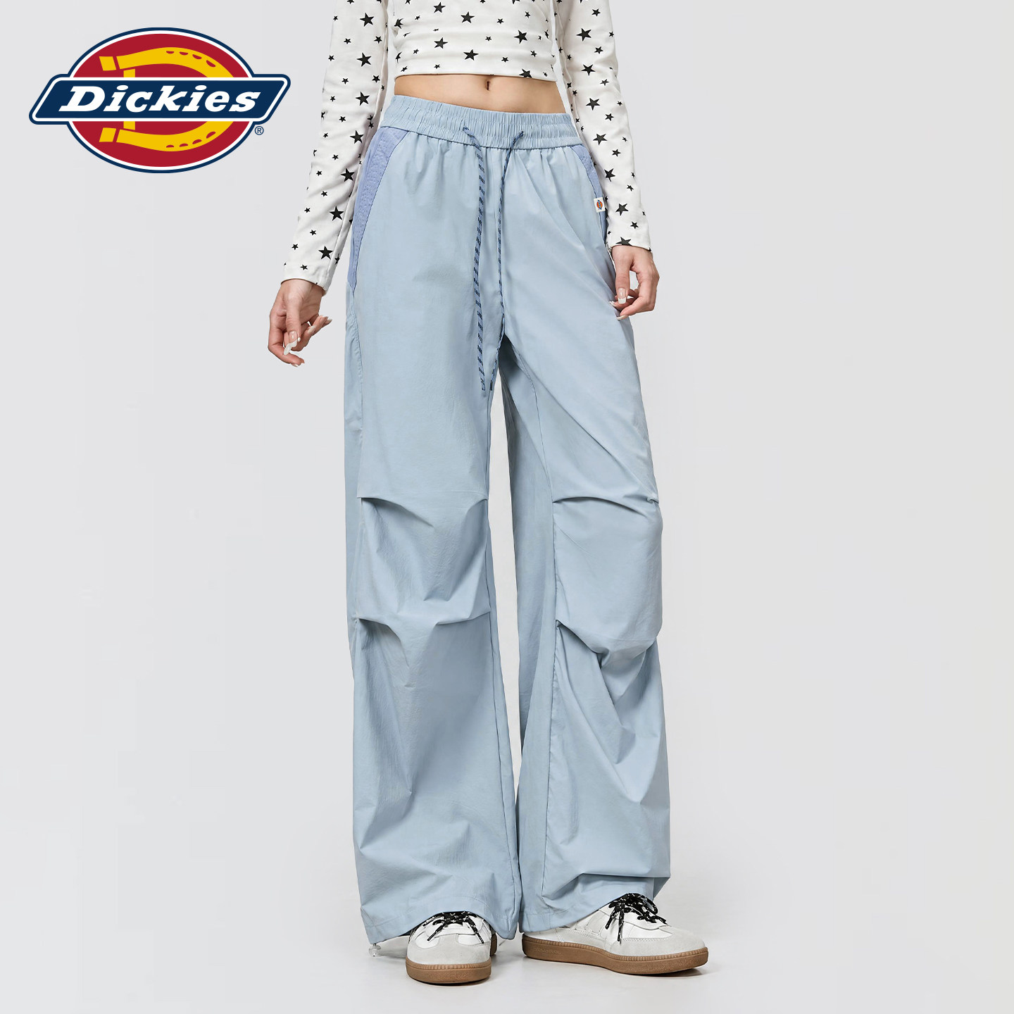 Dickies帝酷适雾蓝色工装风阔腿裤女松紧腰抽绳宽松显瘦休闲长裤m