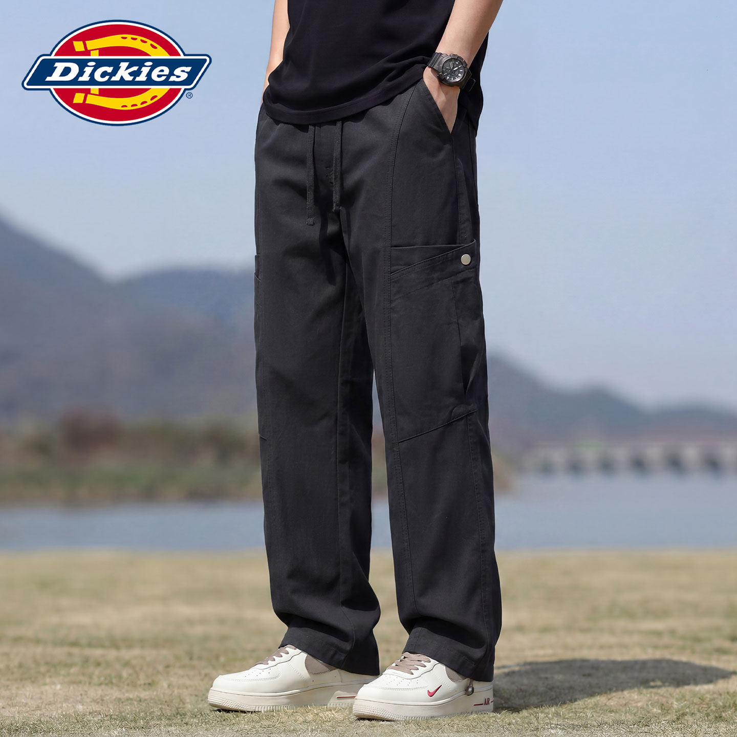Dickies帝酷适夏季黑色工装薄款梭织裤男士抽绳拼接柳钉休闲裤子Y