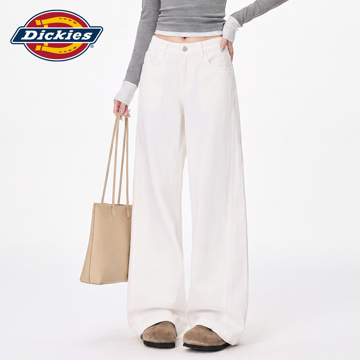 Dickies帝酷适白色高腰阔腿牛仔裤女2026夏季新款宽松显瘦直筒裤m