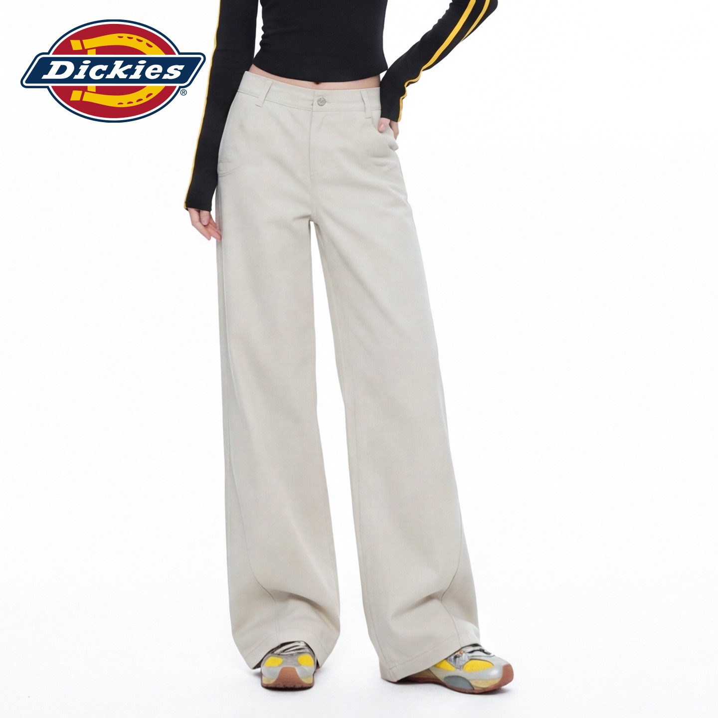 Dickies帝酷适白色高腰阔腿牛仔裤女款2026秋季宽松显瘦拖地长裤m