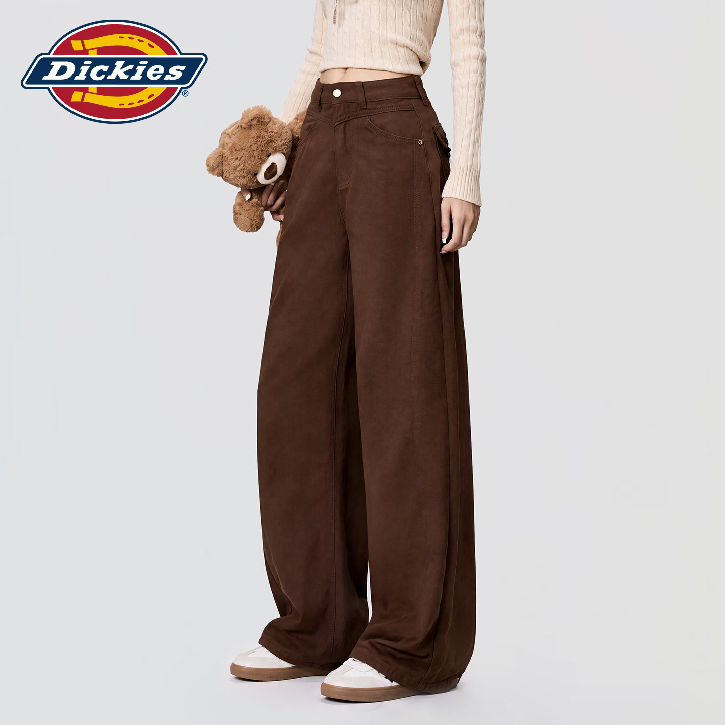 Dickies帝酷适咖色高腰阔腿牛仔裤女2026秋季宽松显瘦设计直筒裤m