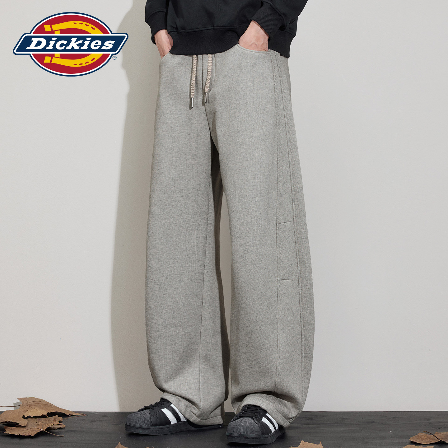 Dickies帝酷适秋季宽松阔腿弯刀休闲裤男士拼接抽绳垂感针织卫裤Y