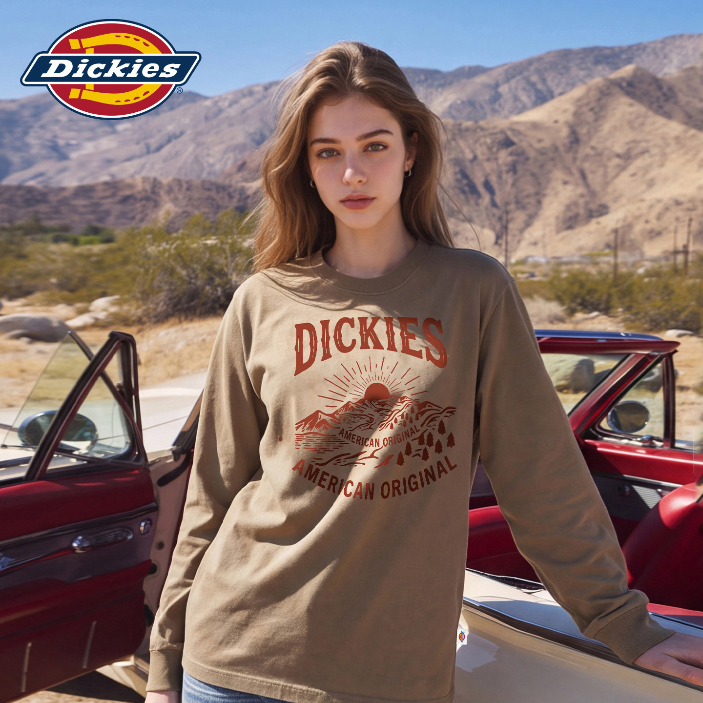 Dickies帝酷适卡其色宽松长袖T恤女秋冬美式印花上衣百搭打底衫m