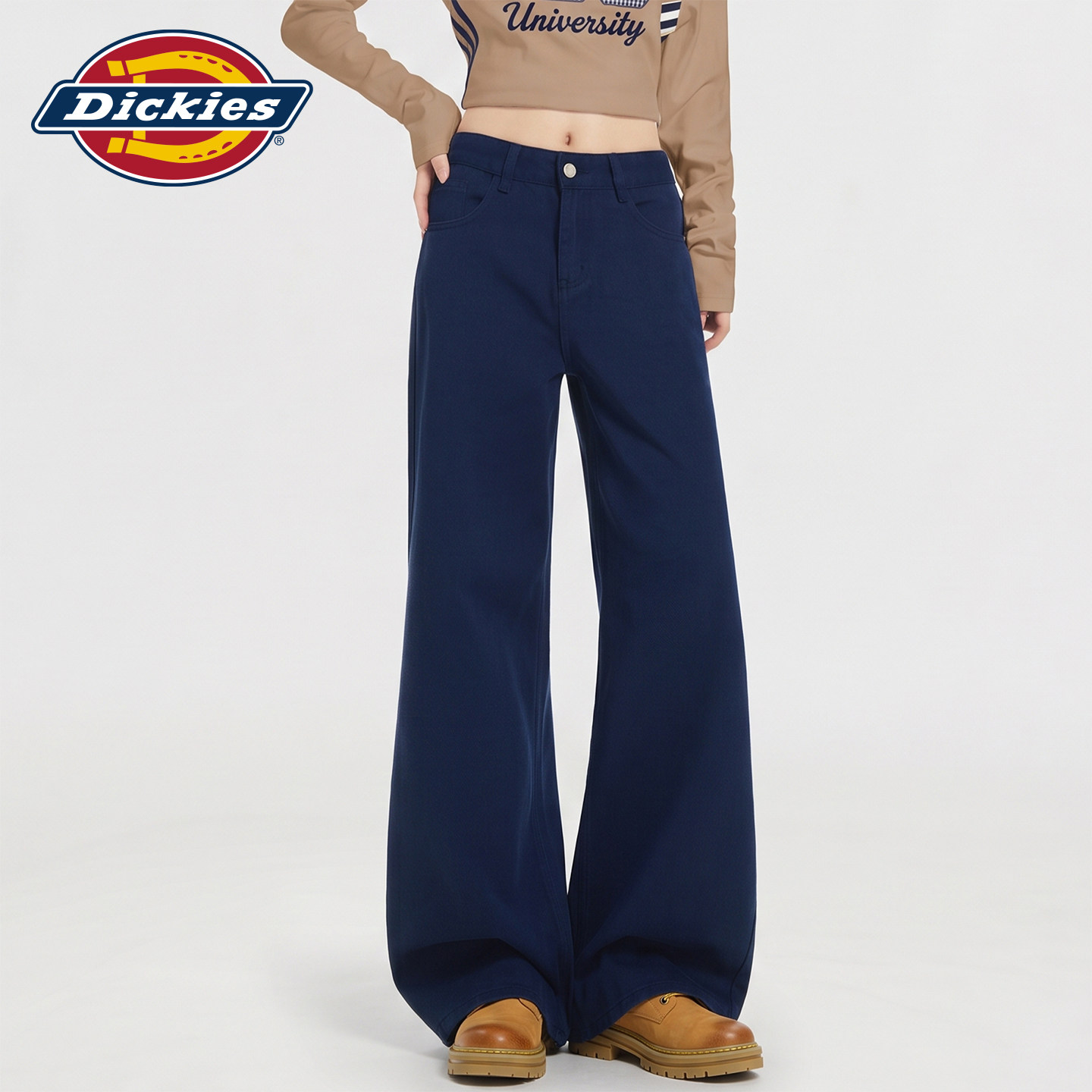 Dickies帝酷适宝蓝色休闲阔腿牛仔裤女秋冬加绒高腰宽松直筒裤子Y