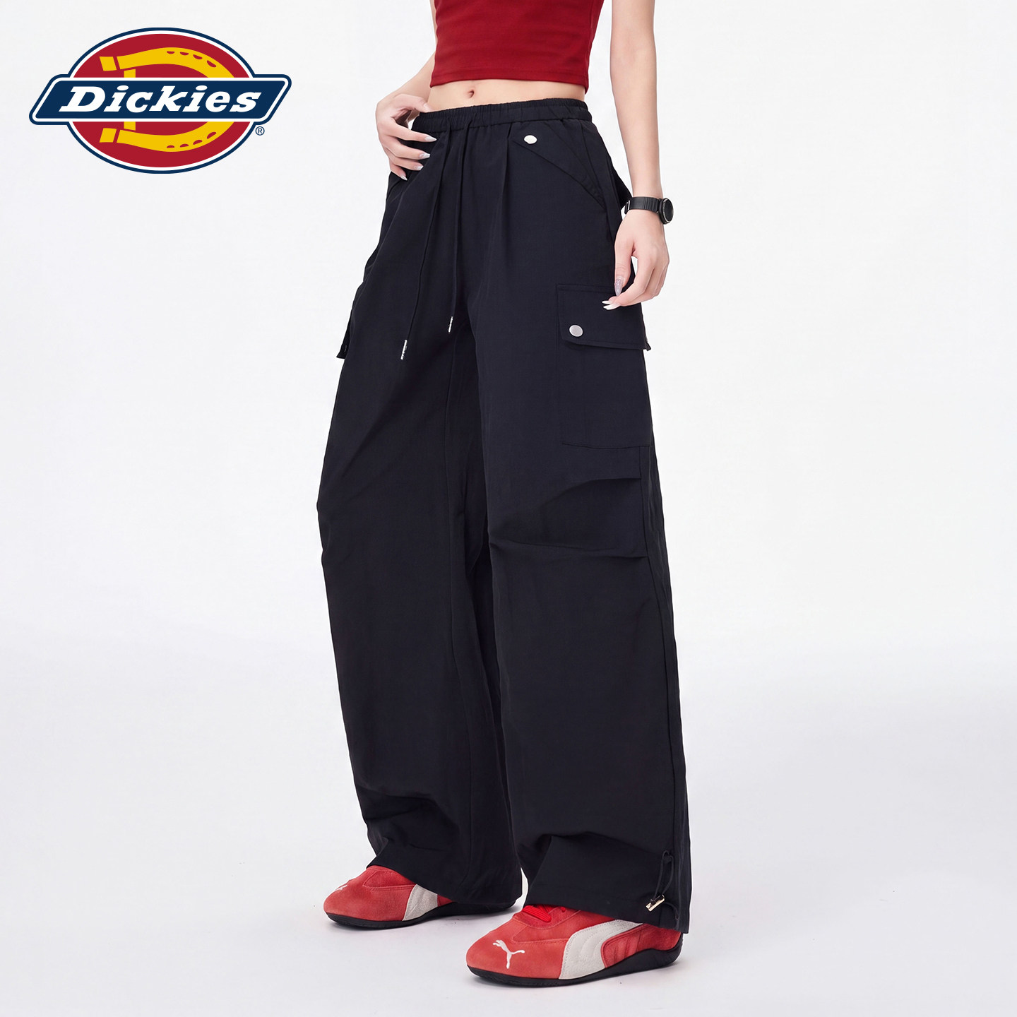 Dickies帝酷适工装风松紧腰黑色阔腿裤女2026款多口袋伞兵裤伞裤m