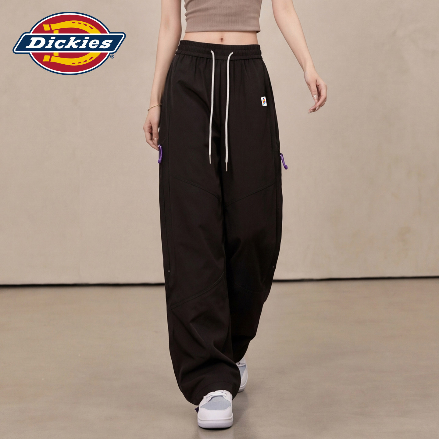 Dickies帝酷适工装风抽绳束腰黑色宽松休闲长裤子女2026夏季新款m