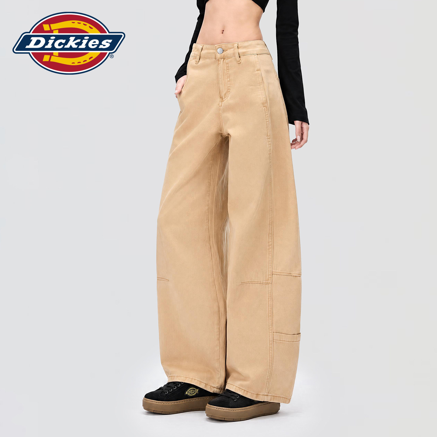 Dickies帝酷适工装风弯刀牛仔裤女2026秋季宽松显瘦卡其色阔腿裤m