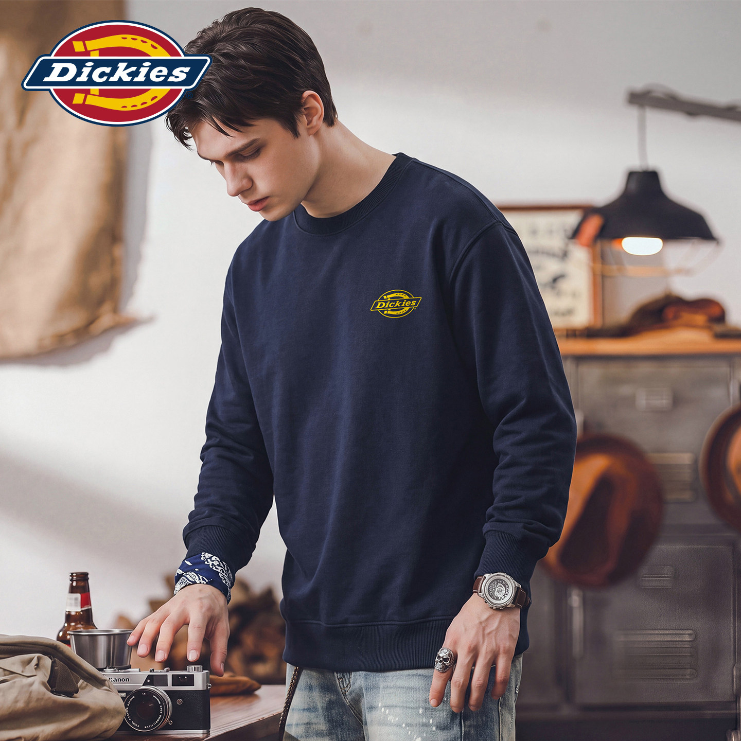 Dickies帝酷适美式春秋季简约印花圆领套头男士长袖宽松休闲卫衣Y