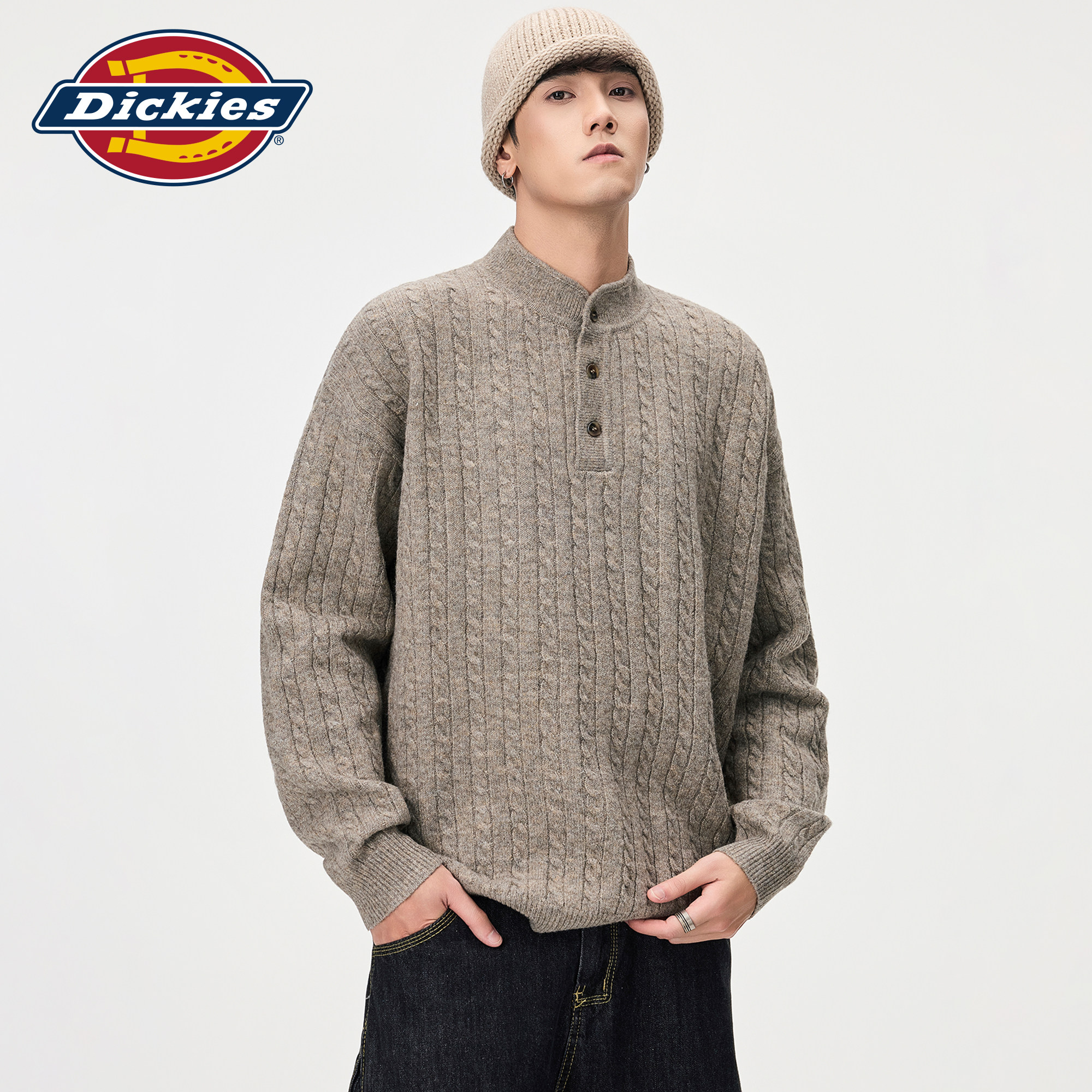 Dickies帝酷适麻花纹半纽扣毛衣男生秋季含绵羊毛慵懒针织衫外套M