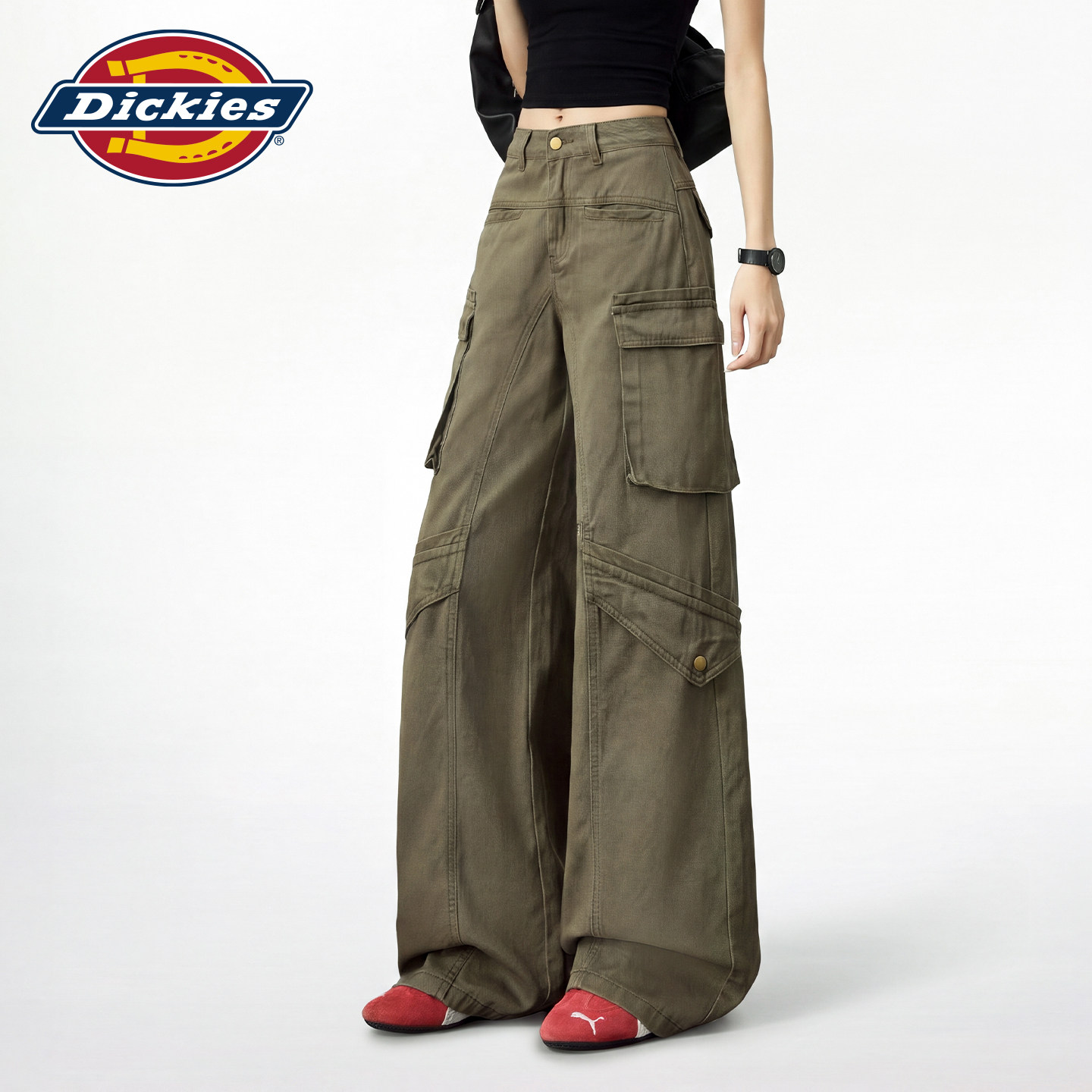 Dickies帝酷适美式工装风军绿色多口袋阔腿裤女宽松显瘦直筒裤子m
