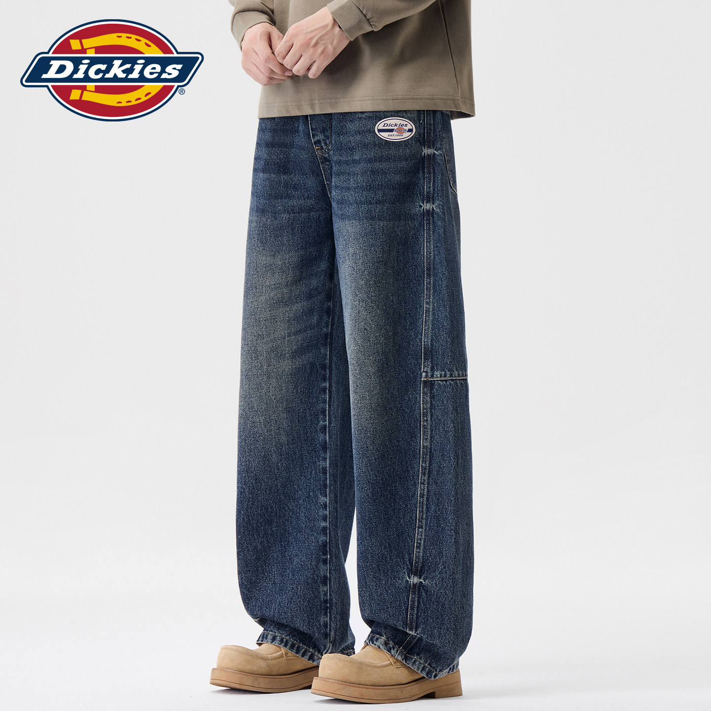 Dickies帝酷适秋季解构拼接宽松直筒长裤男士复古水洗垂感牛仔裤Y