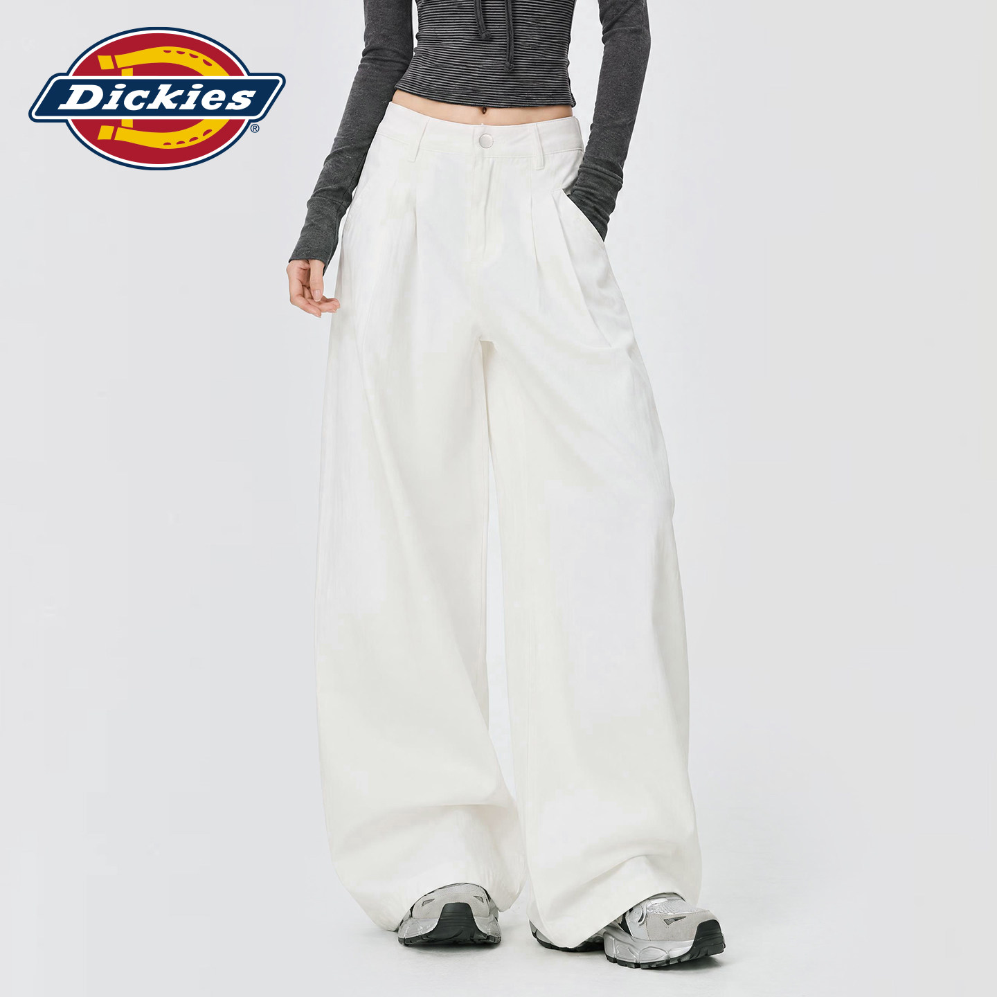 Dickies帝酷适白色高腰阔腿牛仔裤女美式秋季宽松垂感显瘦直筒裤m