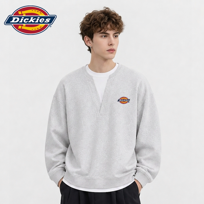 Dickies卫衣男款秋春假两件v领套头衫男秋装灰色极简慵懒感外套J