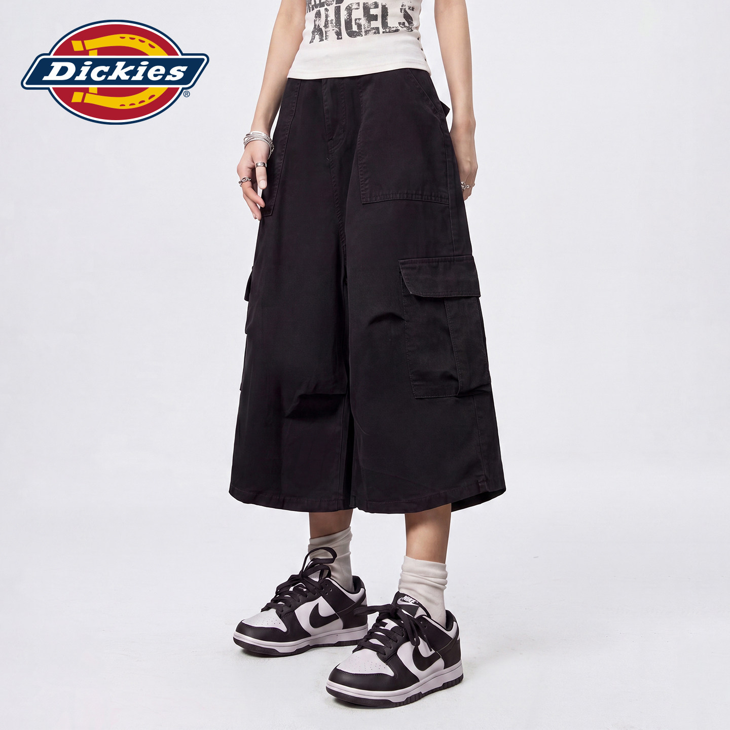 Dickies帝酷适黑色阔腿工装休闲裤女夏季宽松百搭显瘦七分裤遮胯m