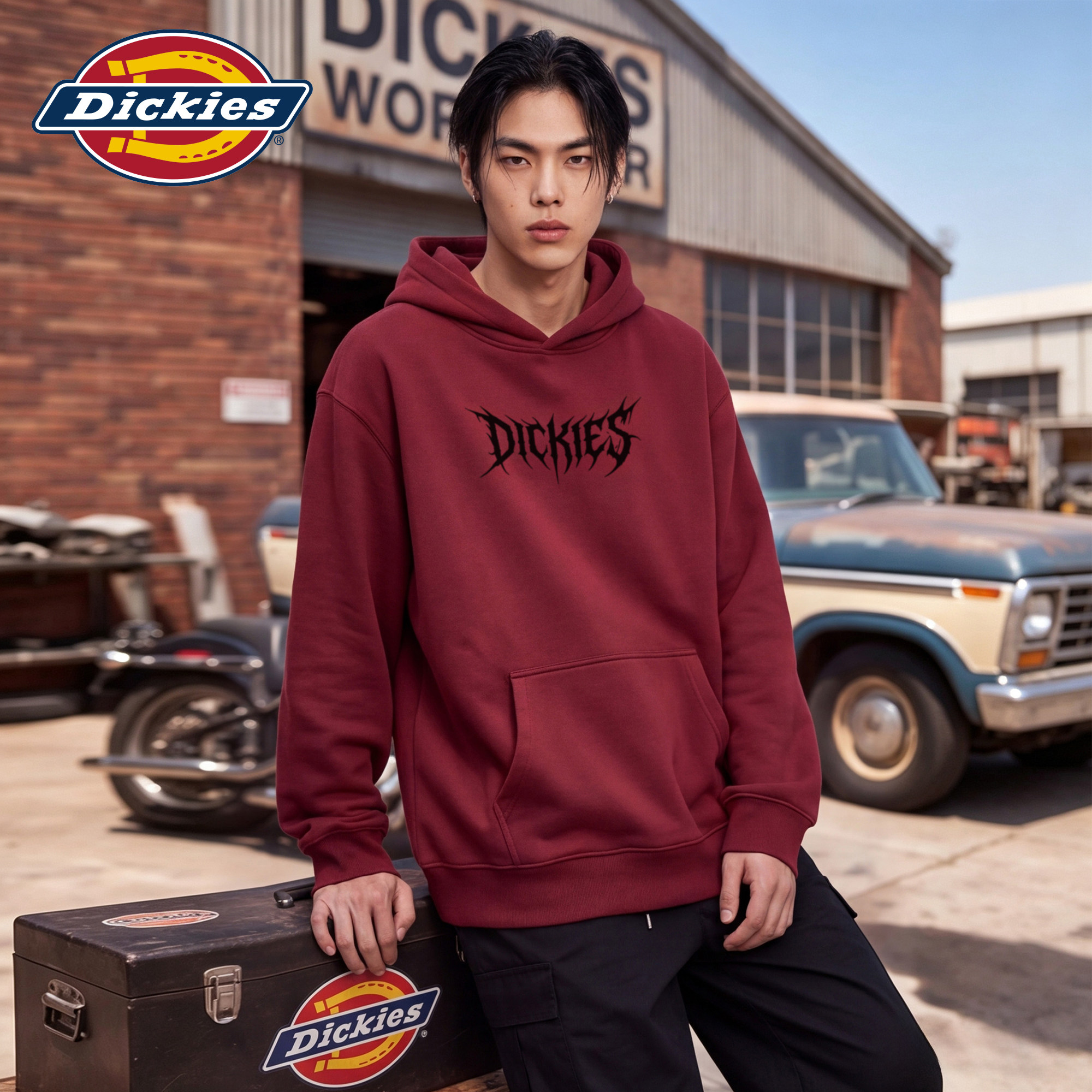 Dickies帝酷适连帽红色卫衣男美式潮牌字母印花宽松休闲套头上衣M