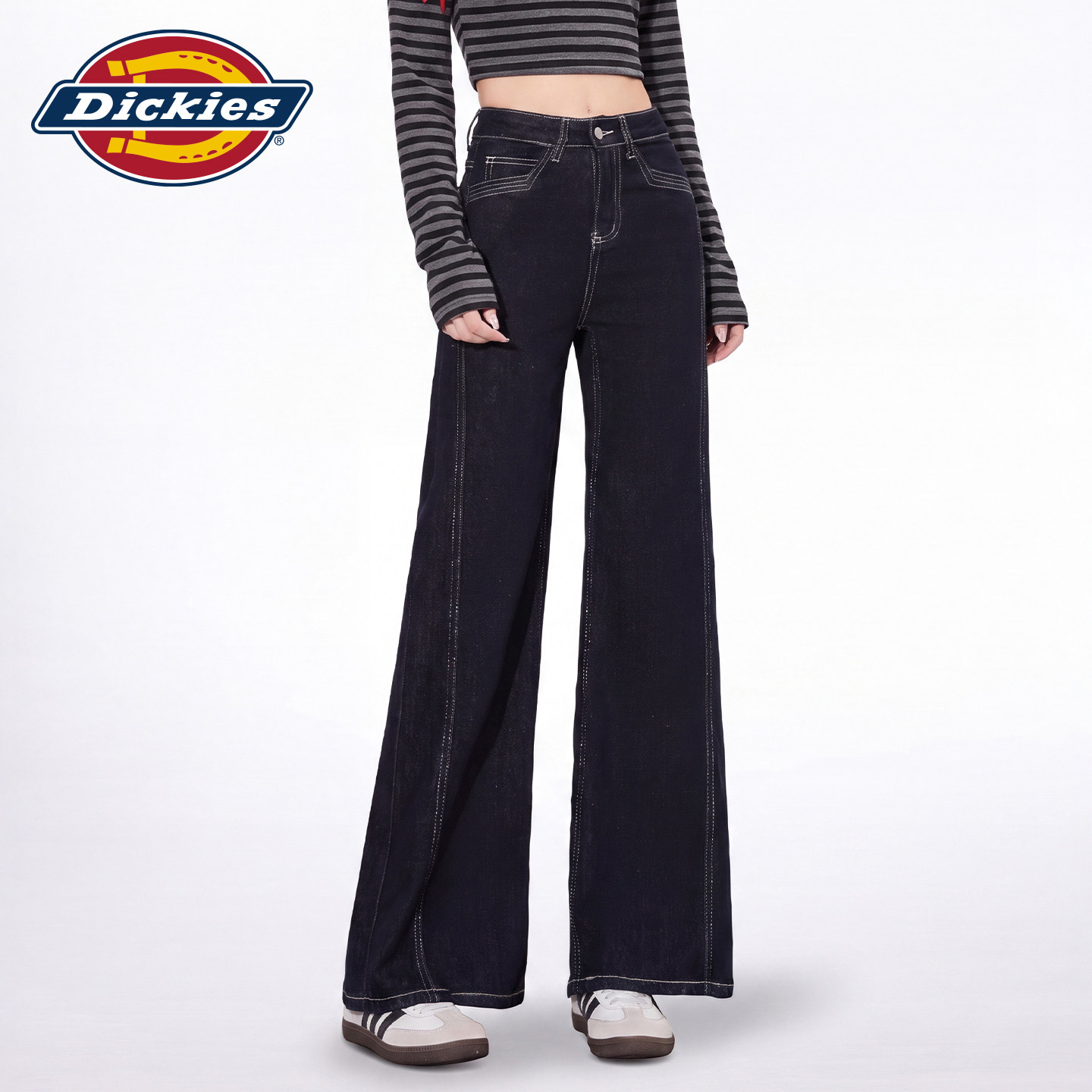 Dickies帝酷适黑色复古高腰阔腿牛仔裤女宽松显瘦明线装饰拖地裤m