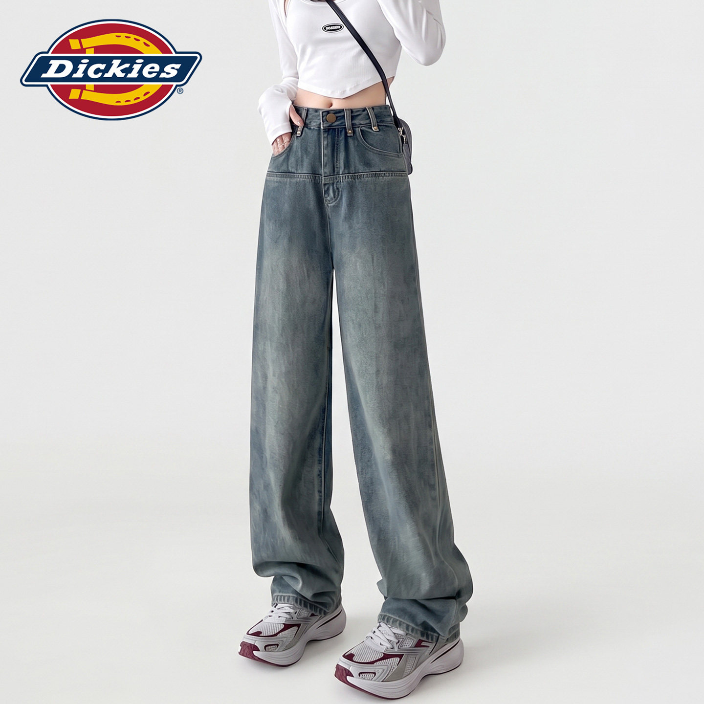 Dickies帝酷适复古做旧设计感阔腿牛仔裤女宽松遮胯显瘦直筒裤子Y