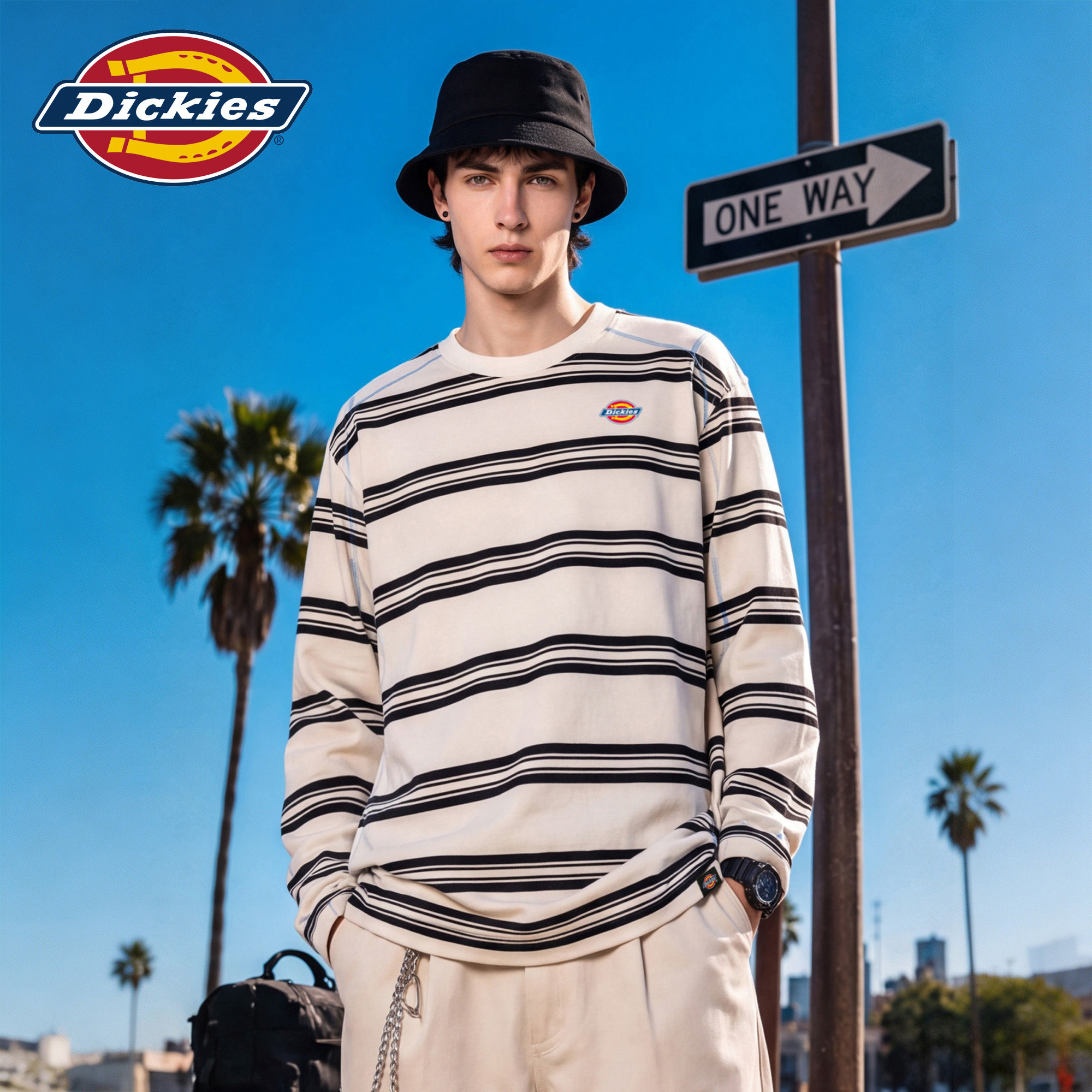 Dickies帝酷适美式条纹长袖T恤男秋季潮牌宽松圆领撞色情侣上衣M
