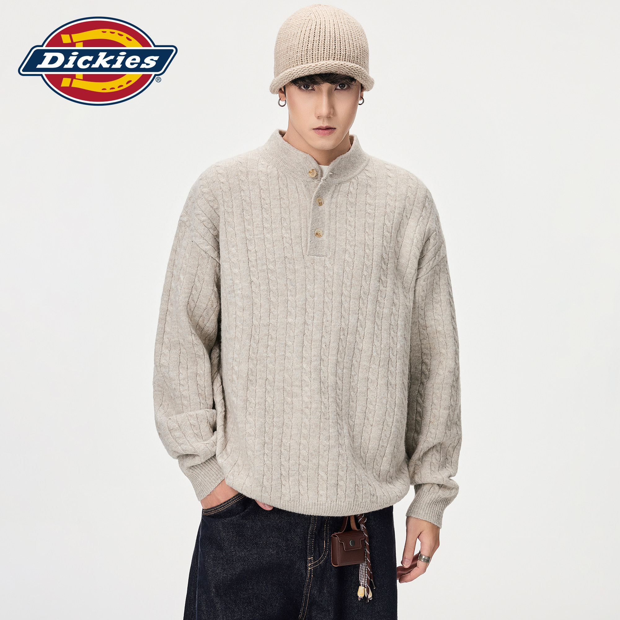 Dickies帝酷适慵懒麻花纹半纽扣针织衫男生秋季含棉羊毛保暖毛衣M
