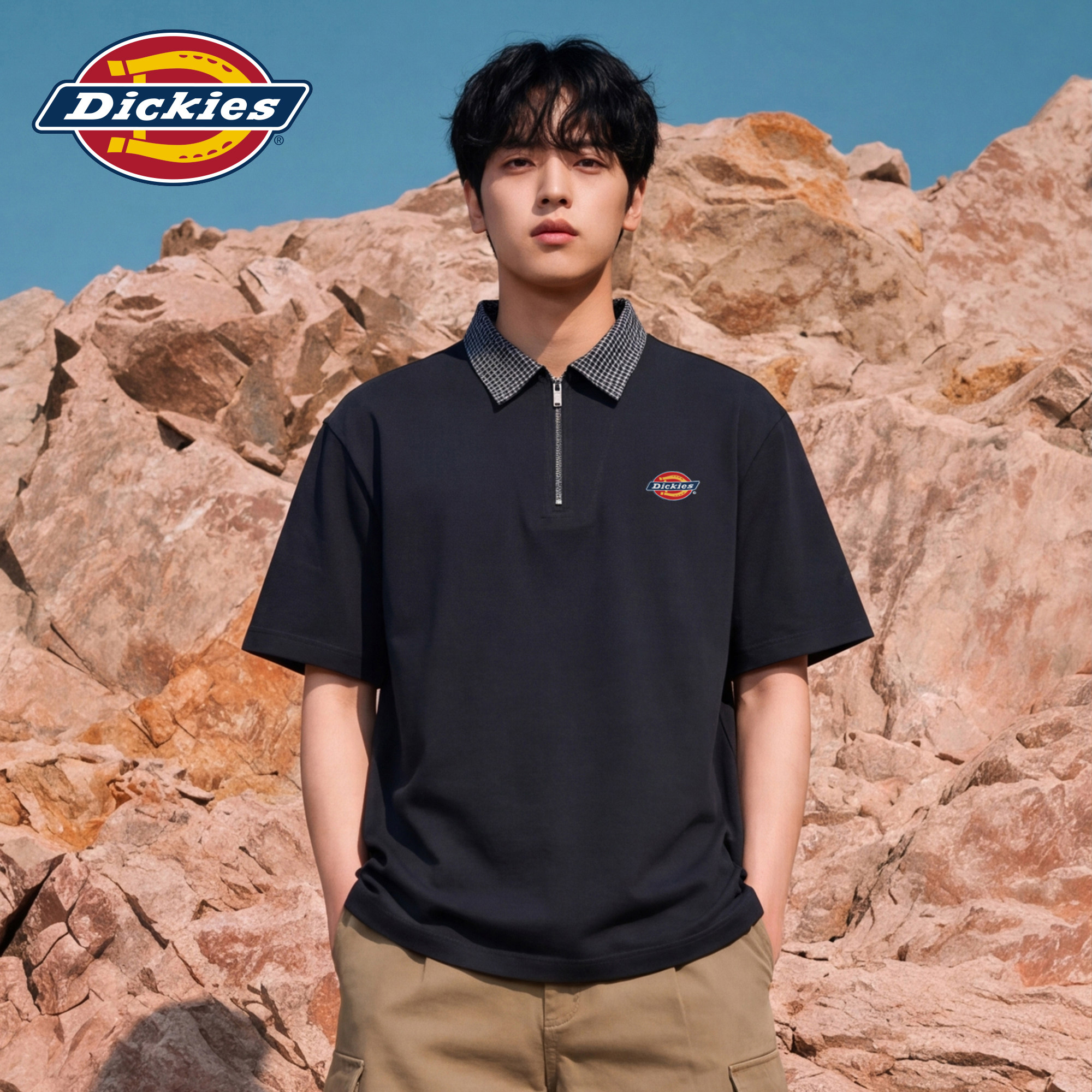 Dickies帝酷适美式撞色翻领短袖Polo衫男半拉链百搭半袖T恤上衣M