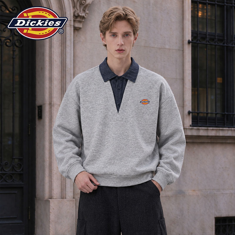 Dickies男卫衣美式假两件上衣秋冬款男款秋季时尚潮流灰色套头衫J