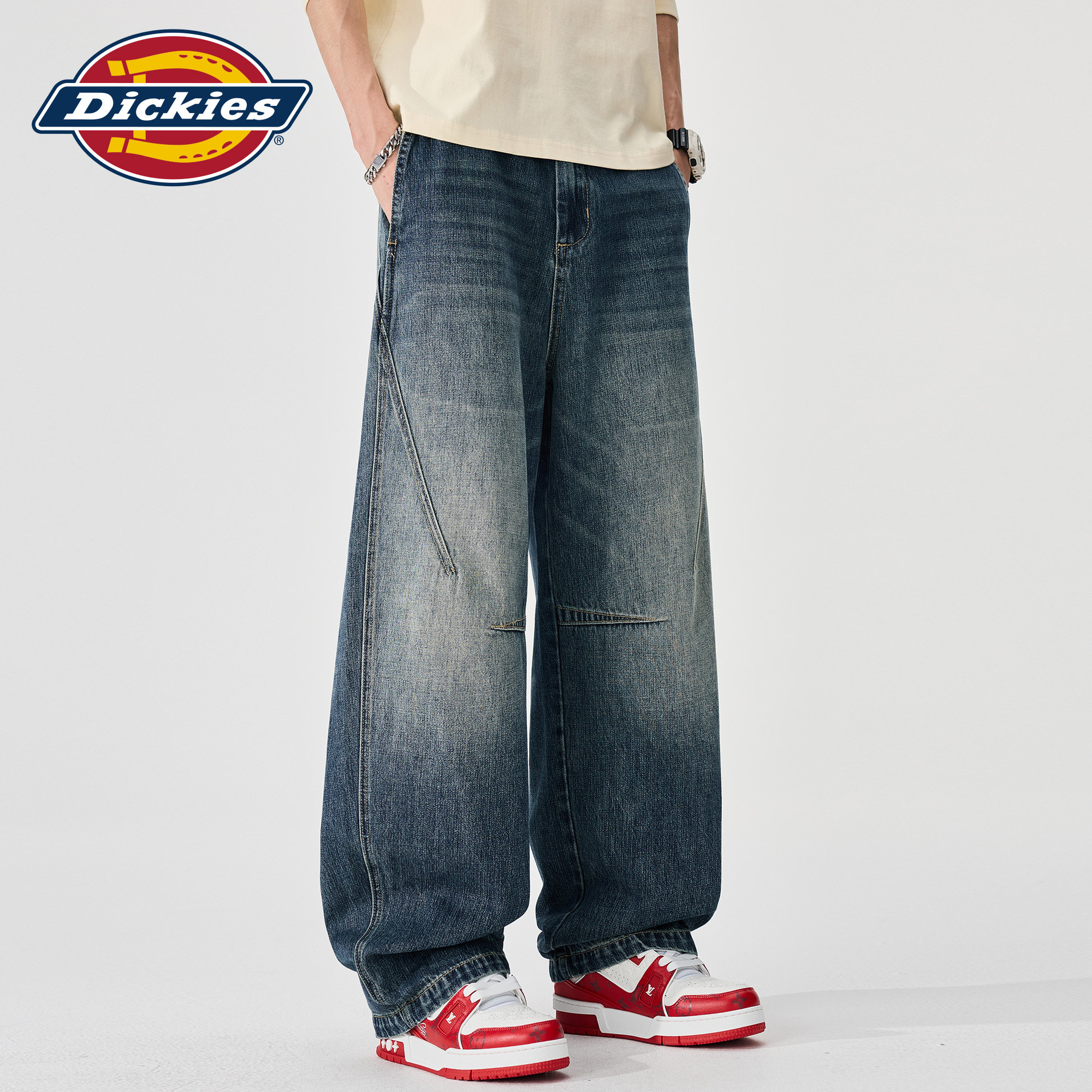 Dickies帝酷适美式水洗弯刀牛仔裤男秋季宽松直筒阔腿休闲长裤子M