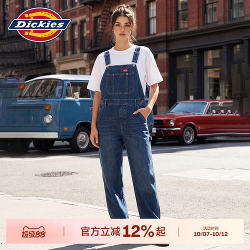 Dickies帝酷适牛仔背带裤女春秋宽松阔腿工装直筒黑色休闲长裤子J