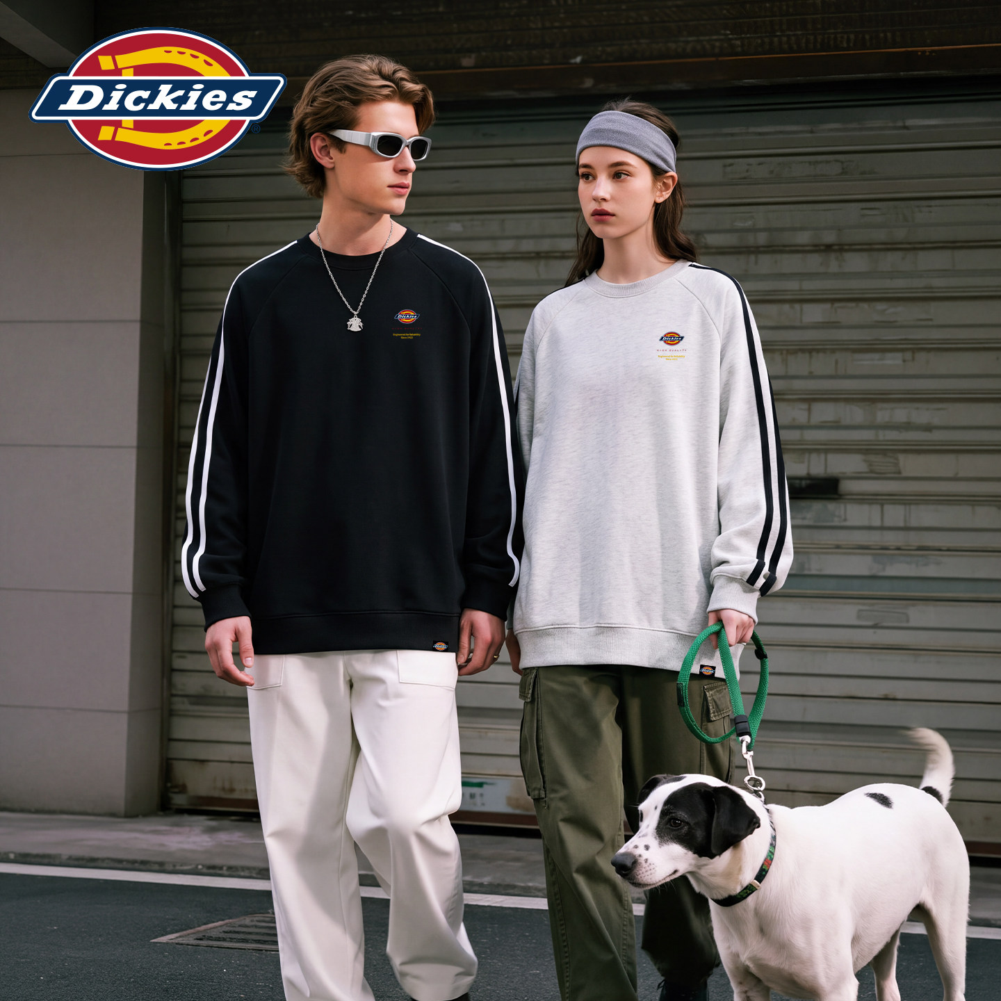 Dickies男女同款圆领卫衣情侣装春秋撞色双条纹美式运动上衣外套A
