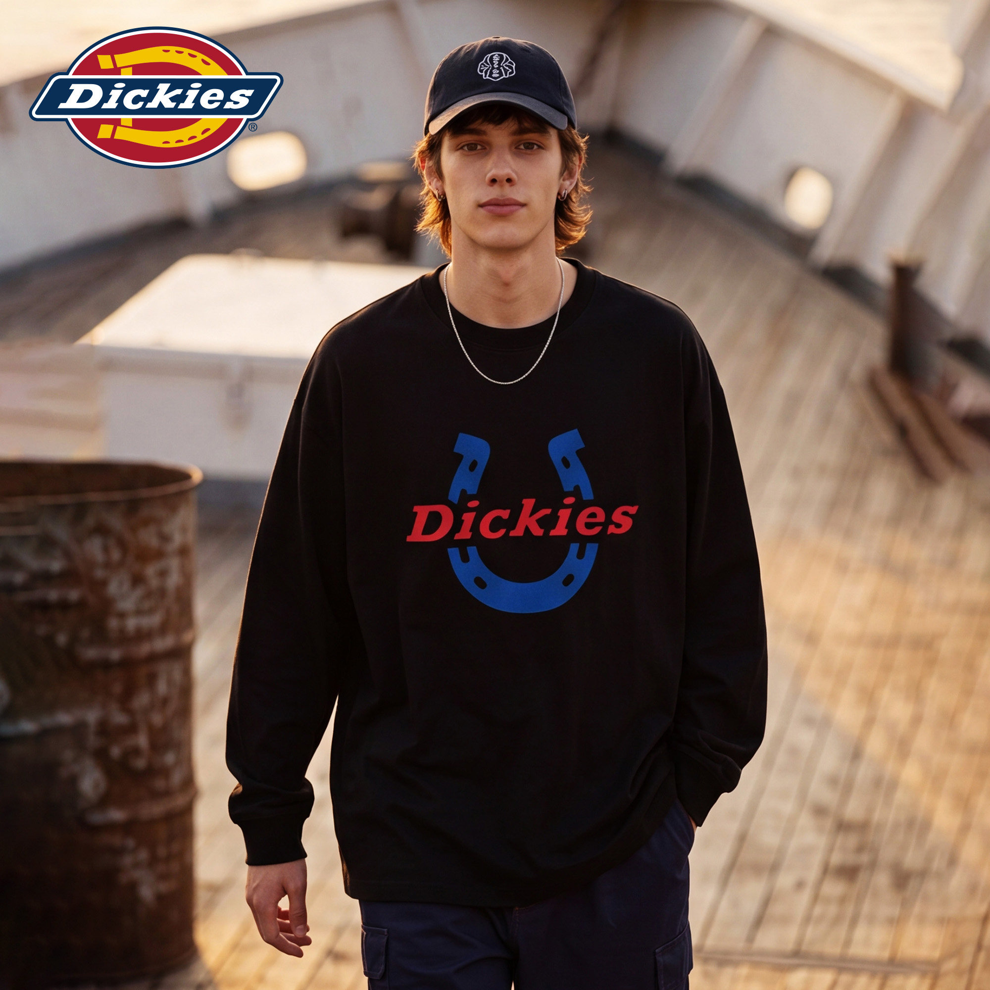 Dickies帝酷适马蹄铁印花长袖T恤男秋季纯棉宽松情侣打底衫上衣M