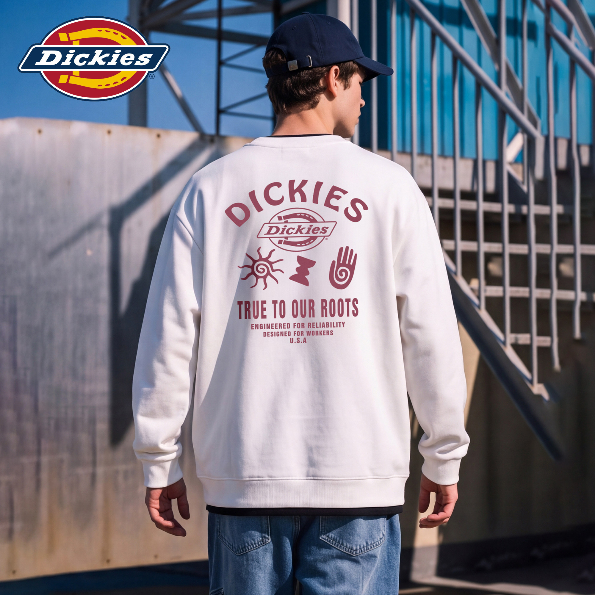 Dickies帝酷适潮牌后背印花圆领卫衣男秋冬季美式宽松假两件上衣M