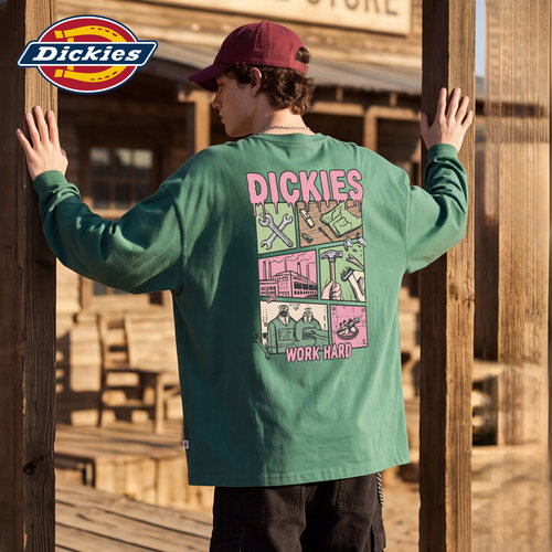 Dickies男秋潮牌印花纯棉长袖T恤