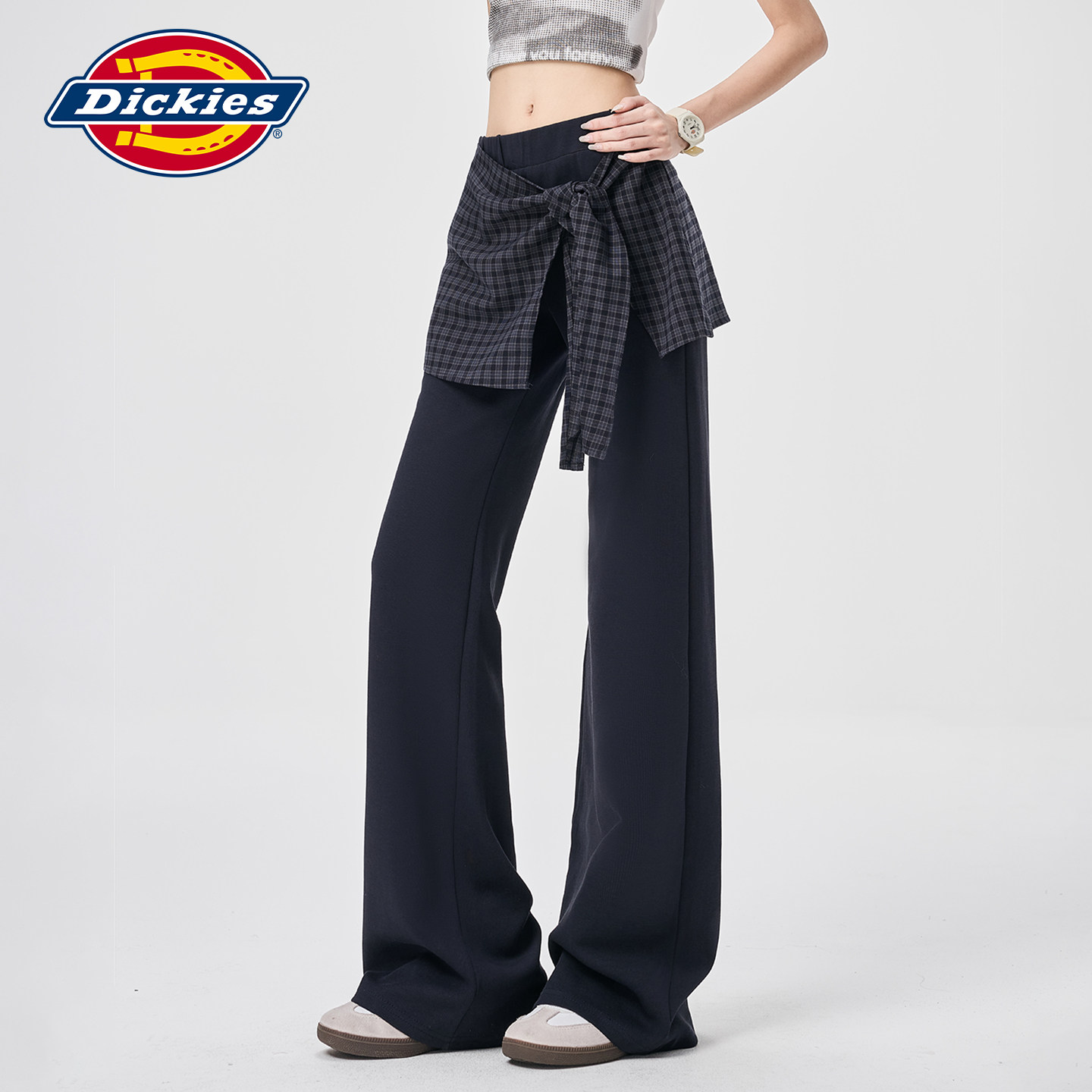 Dickies帝酷适假两件格纹屁帘微喇女2026新款宽松高腰显瘦拖地裤m