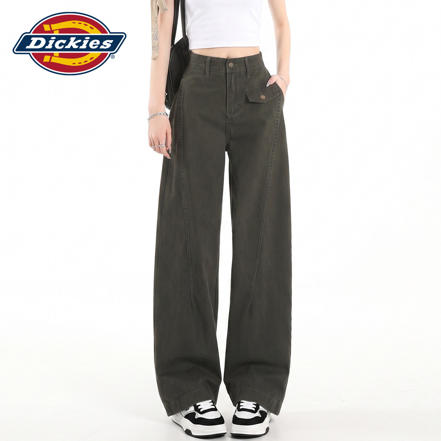 Dickies帝酷适复古军绿色工装牛仔裤女秋季高腰显瘦宽松直筒裤子Y
