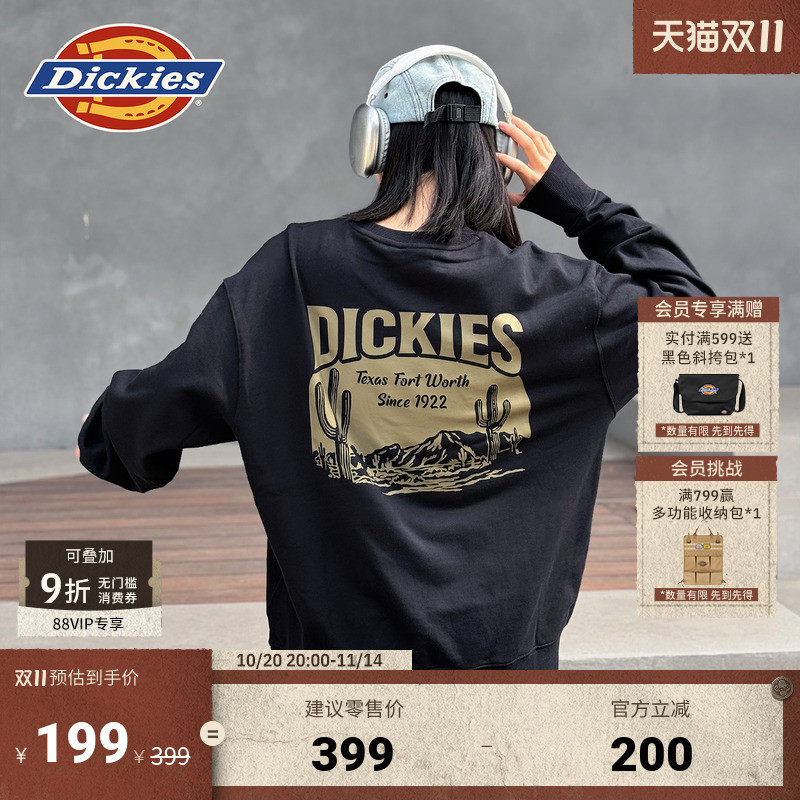 Dickies25秋冬新款 德州灵感印花圆领运动风卫衣宽松毛圈内里男女