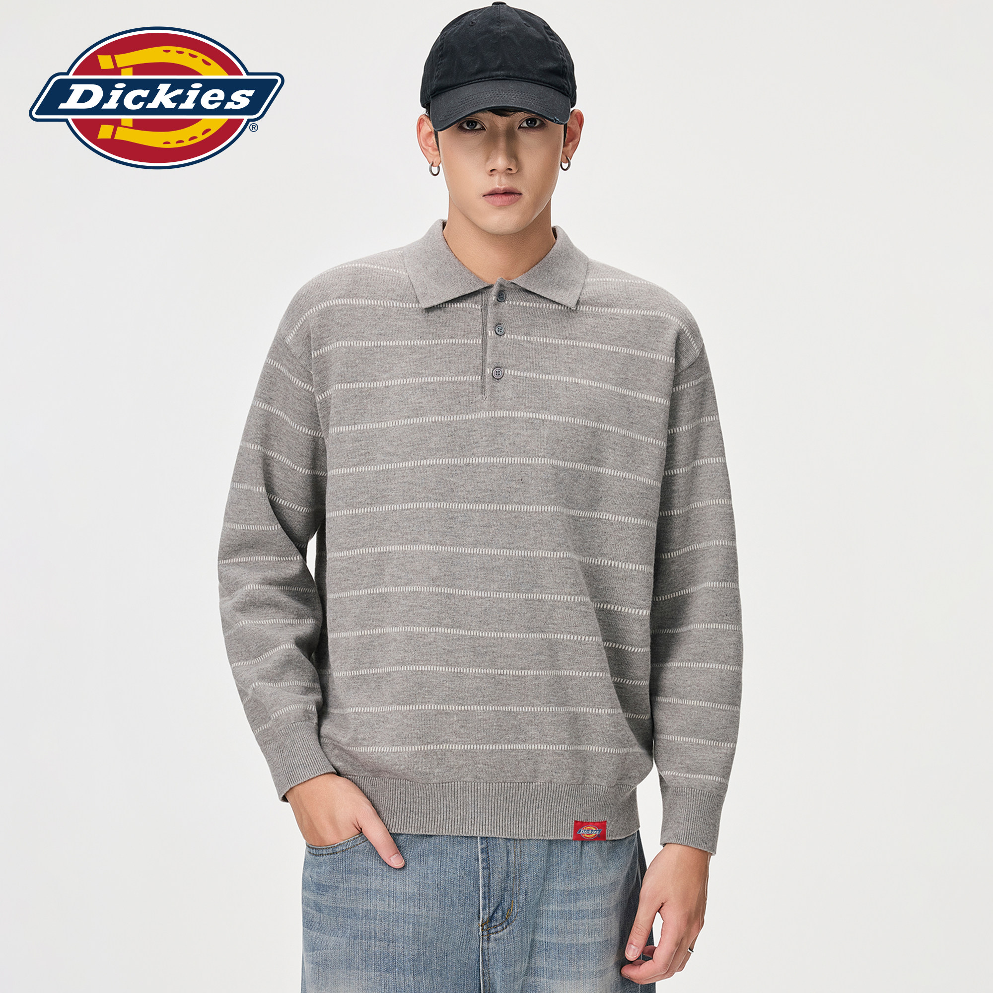 Dickies帝酷适美式条纹Polo翻领针织衫男生秋季简约宽松套头毛衣M