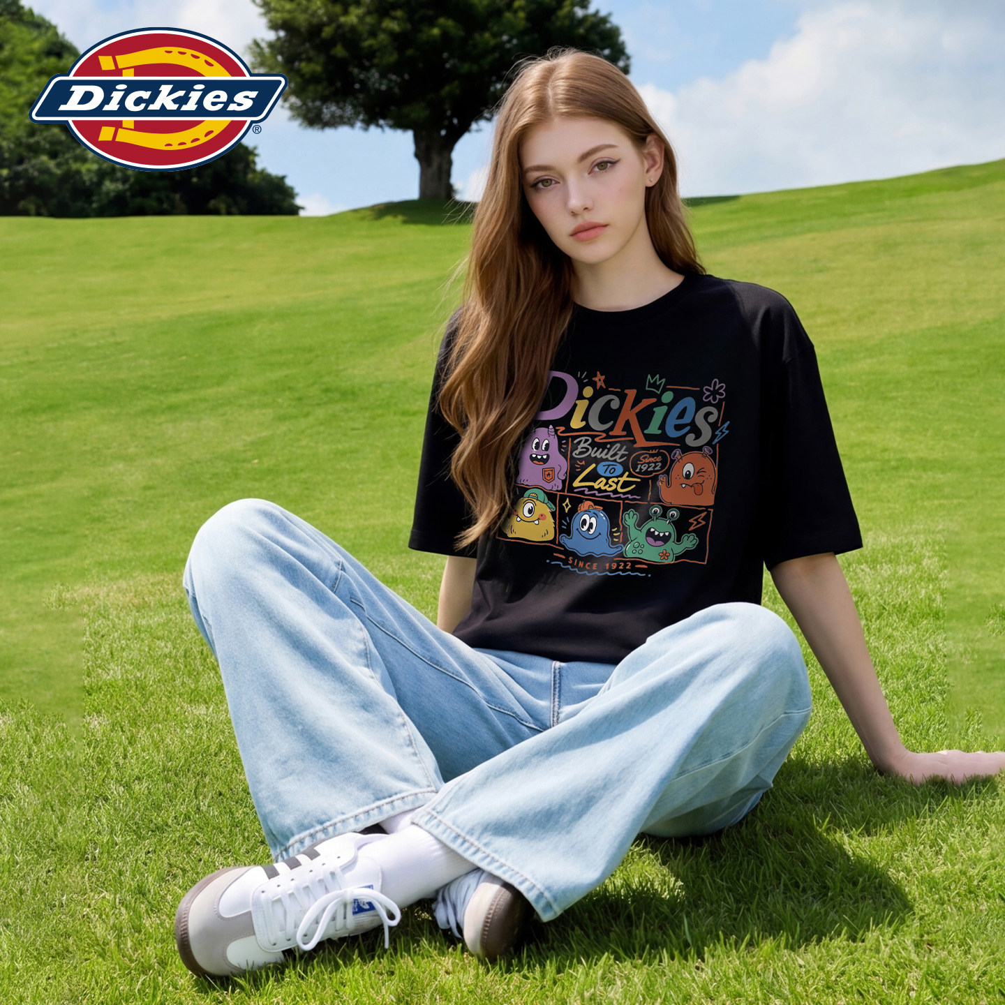 Dickies帝酷适卡通风短袖T恤女装夏款黑色印花圆领纯棉潮流上衣m