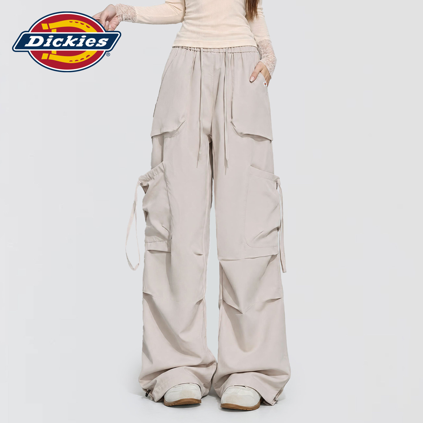 Dickies帝酷适工装风多口袋阔腿裤女美式卡其抽绳宽松户外休闲裤m