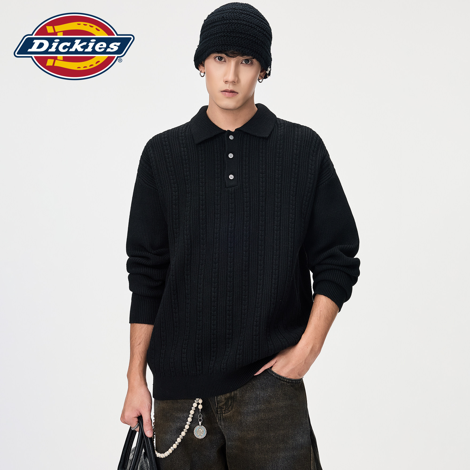 Dickies帝酷适黑色polo翻领针织衫男秋季美式宽松高级感通勤毛衣M