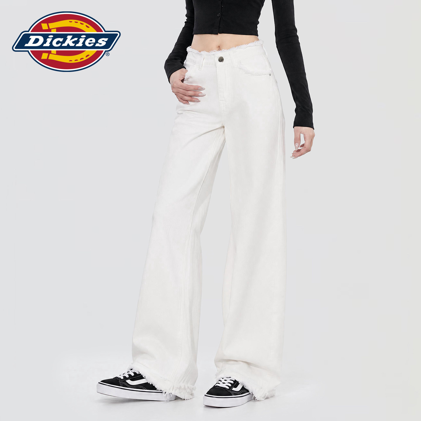 Dickies帝酷适白色阔腿牛仔裤女高腰宽松直筒长裤显瘦百搭设计感m