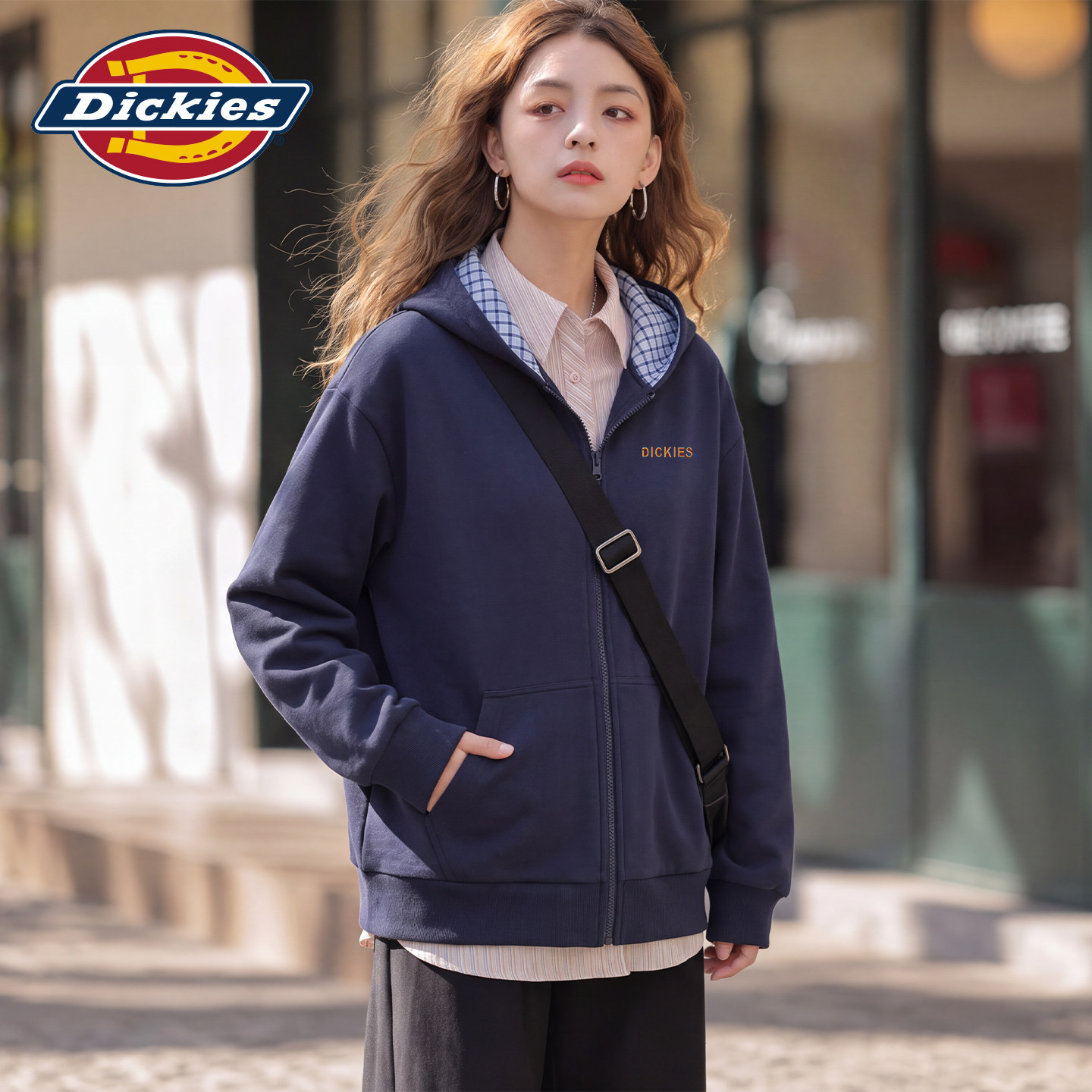 Dickies拼格宽松连帽开衫卫衣女图片