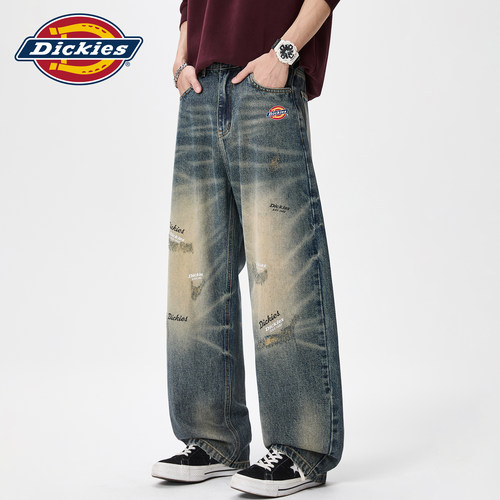 Dickies帝酷适美式百搭阔腿直筒牛仔裤男秋季宽松垂感弯刀长裤子M