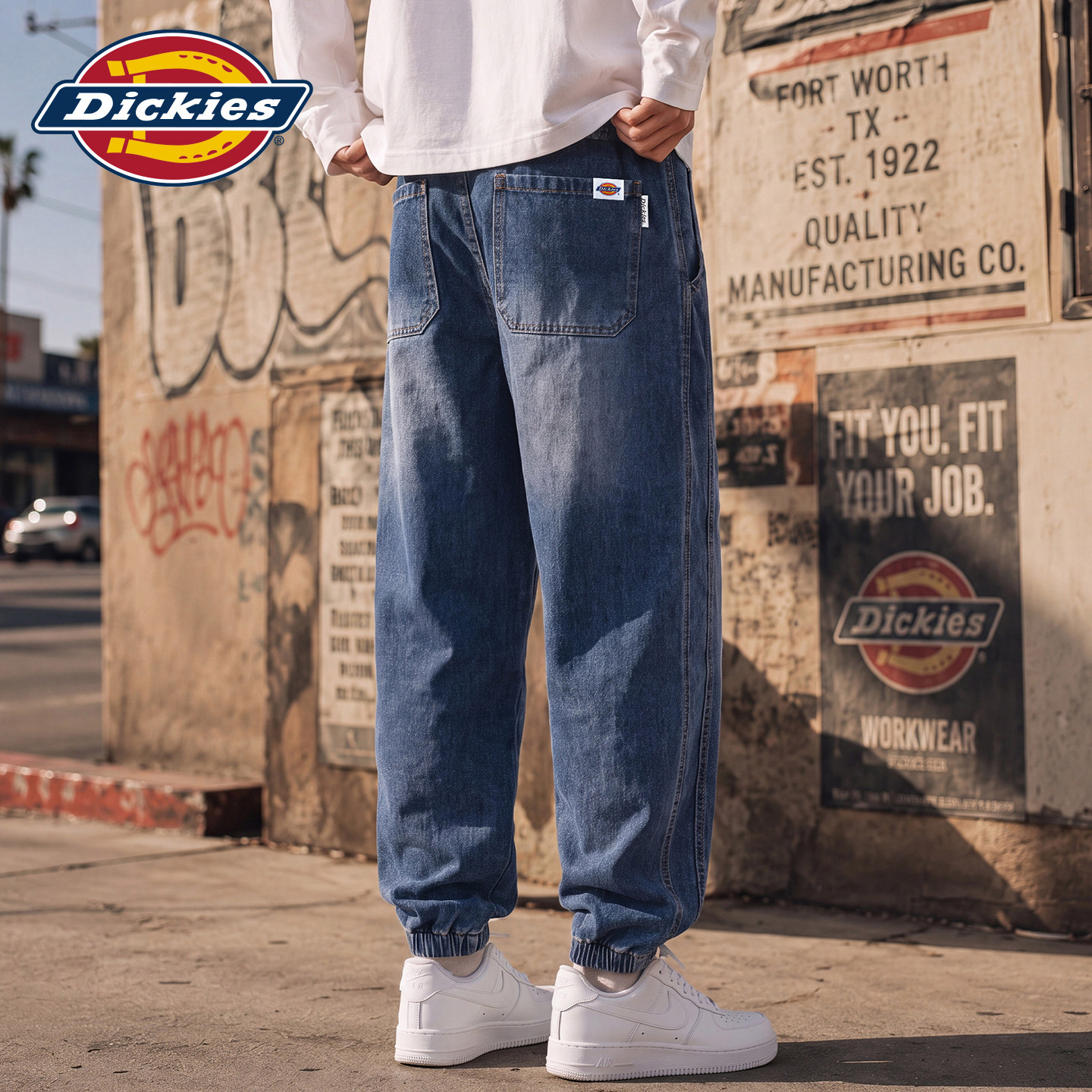 Dickies帝酷适美式秋季宽松运动休闲男士束脚抽绳设计水洗牛仔裤Y