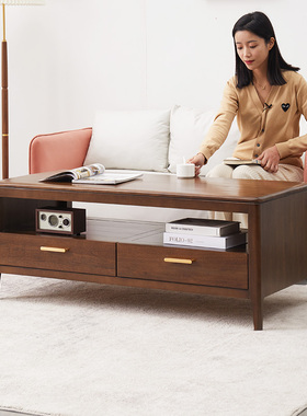 优木家具全实木茶几1.2米岩板茶几1米带抽茶桌北欧简约原木家具